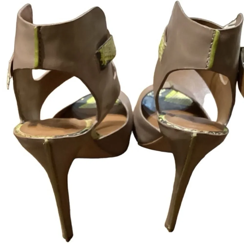 Rachel Roy Devyn Snake-Print Strappy Sandal Taupe/Lime Sz 7.5